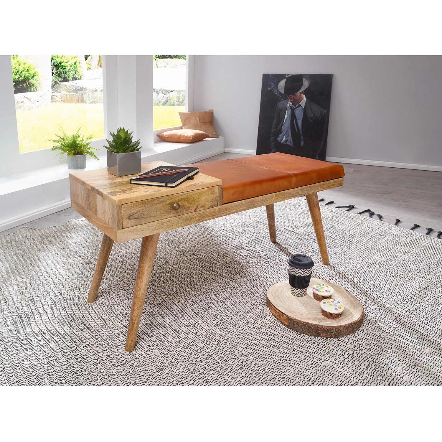 Red Living Banc d’entrée Taloga II - Cuir véritable / Manguier - Cognac / Manguier 4 Red Living Banc d’entrée Taloga II - Cuir véritable / Manguier - Cognac / Manguier – Image 2