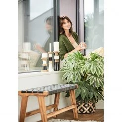 Eva Padberg Collection Banquette Bourbourg - Noir / Teck -Bancs Soldes Boutique sitzbank cryon echtleder teak massiv schwarz braun 4702852